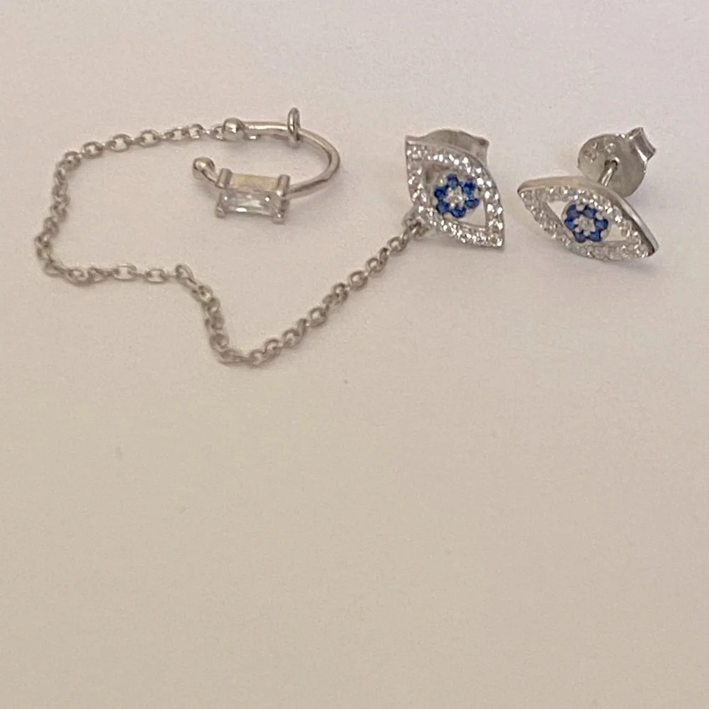 925 Silver evileye cz earrings with cuff chain
